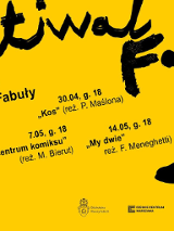 Żółty plakat w czarnymi napisami i rysunkami. Na plakacie informacje o seansach w Kinie Pałacowym.