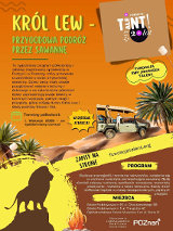 Kolorowy plakat z informacjami o wydarzeniu. Na pomarańczowym tle samochód terenowy z dwójką dzieci przemierzający sawannę.