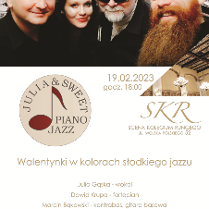 Plakat dotyczy koncertu z cyklu Klasyczne akcenty, pod tytułem Walentynki w kolorach słodkiego jazzu. Oprócz informacji o wydarzeniu, widać na nim czterech członków zespołu biorącego udział w koncercie.