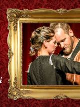 Obrazek przedstawia tańczącą parę oraz tekst zapraszający na obchody walentynek w poznańskim teatrze Mój Teatr.