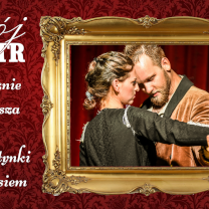 Obrazek przedstawia tańczącą parę oraz tekst zapraszający na obchody walentynek w poznańskim teatrze Mój Teatr.