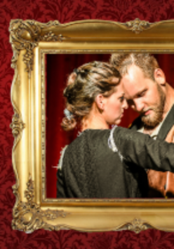 Obrazek przedstawia tańczącą parę oraz tekst zapraszający na obchody walentynek w poznańskim teatrze Mój Teatr.