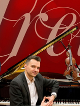 Grupa artystów - muzyków przy instrumentach na czerwonym tle.