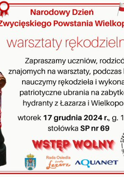 Plakat, który reklamuje warsztaty rękodzielnicze, podczas których wykonane zostaną ubrania na zabytkowe hydranty. Zdjęcie ubranego hydrantu, obok napisy informujące o wydarzeniu.
