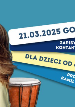 Usmiechnieta kobieta oparta plecami o bęben. Informacje podane na plakacie są w opisie wydarzenia.