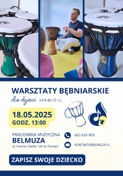 Plakat, który reklamuje warsztaty bębniarskie dla dzieci. W centralnej części kolaż trzech zdjęć bębnów oraz prowadzącego zajęcia. Pod kolażem napisy, które informują o wydarzeniu.