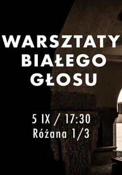 Widok na dziedzinec szkoły, informacje o warsztatach białego głosu.