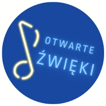 Niebieskie logo w kształcie koła. Na logu neon w kształcie nuty. Obok napis:"Otwarte dźwięki".