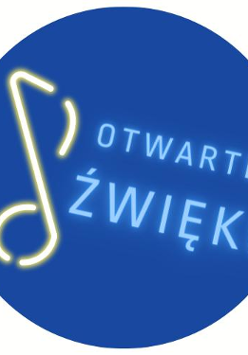 Niebieskie logo w kształcie koła. Na logu neon w kształcie nuty. Obok napis:"Otwarte dźwięki".