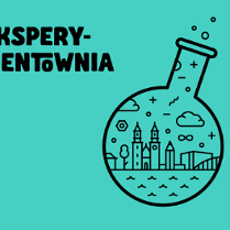 Plakat warsztatów Eksperymentownia, na miętowym tle grafika szklanej pękatej butelki, wewnątrz której narysowano fragment miasta. Nad butlą unoszą się bąbelki.