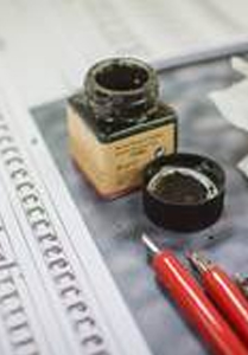 atrament, stalówka. kartka