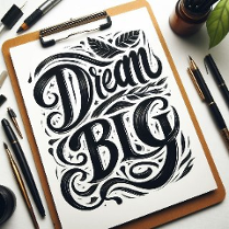 Notes a na nim duży, czarny, stylizoawny napis Dream Big. Obok notesu pióra i ołówki.