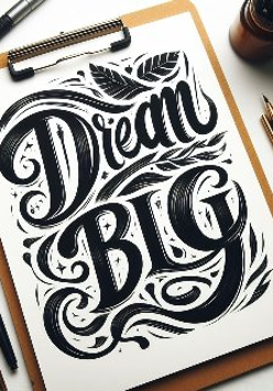 Notes a na nim duży, czarny, stylizoawny napis Dream Big. Obok notesu pióra i ołówki.