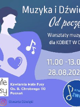 Plakat, rysunek kobiety w ciąży ustawionej bokiem do widza. Na brzuchu narysowno duże serrce, przed brzuchem nuty. Z boku napisy informujące o wydarzeniu.