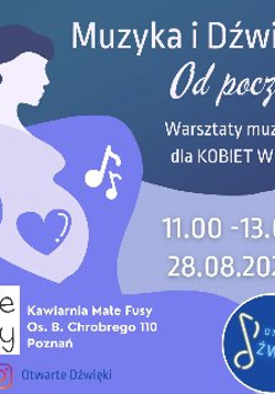Plakat, rysunek kobiety w ciąży ustawionej bokiem do widza. Na brzuchu narysowno duże serrce, przed brzuchem nuty. Z boku napisy informujące o wydarzeniu.
