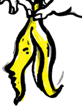 Grafika Grzegorza Myćki. Przedstawia dłoń, która trzyma skórkę od banana.