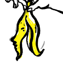 Grafika Grzegorza Myćki. Przedstawia dłoń, która trzyma skórkę od banana.