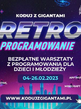 Obrazek przedstawia napis retroprogramowanie i inne informacje dotyczące tych warsztatów.