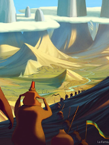 Kadr z filmu animowanego dla dzieci, grupa niedźwiedzi obserwuje szczyty górskie, które znajdują się w chmurach.