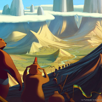 Kadr z filmu animowanego dla dzieci, grupa niedźwiedzi obserwuje szczyty górskie, które znajdują się w chmurach.