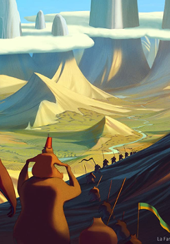 Kadr z filmu animowanego dla dzieci, grupa niedźwiedzi obserwuje szczyty górskie, które znajdują się w chmurach.