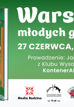 Plakat, który reklamuje warsztaty rodzinne "Poradnik młodych górzystów". Z lewej strony zdjęcie książki, z prawej napisy, które informują o warsztatach.