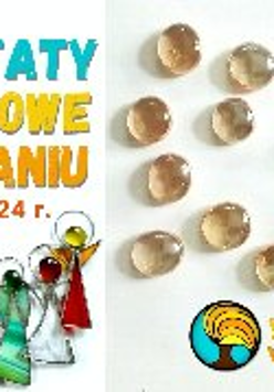 Plakat informujący o warsztatach tworzenia witraży. Widać na nim kilka ozdób wykonanych w formie kolorowych witraży w kształcie liścia, kulek i aniołków.