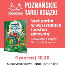 Plakat, który promuje warsztaty wokół książki "Poradnik młodych górzystów". Obok napisów, które informują o wydarzeniu zdjęcie książki, pt. Poradnik młodych górzystów.