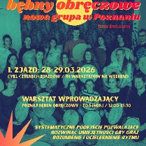 Grupa osób z bębnami, napisy: warsztat wprowadzający, poznaj bęben obręczowy, 1 zjazd: 28-29.03.2026, cykl czterech zjazdów.