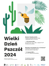 Plakat, rysunek pszczoły pomiędzy kaktusami i innymi egzotycznymi roślinami, napisy informujące o wydarzeniu.