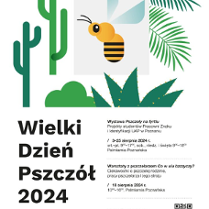 Plakat, rysunek pszczoły pomiędzy kaktusami i innymi egzotycznymi roślinami, napisy informujące o wydarzeniu.