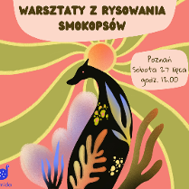 Plakat, czarna abstrakcyjna postać smokopsa z kolorowymi akcentami, wokół której rozchodzą się falujące ziolono, różowe promoienie.