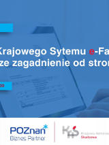 Grafika promocyjna szkolenia pt. Wdrożenie Krajowego Systemu e-Faktur - najważniejsze zagadnienia od strony praktycznej. W tle komputer na biurku i ręce osoby która na nim pracuje