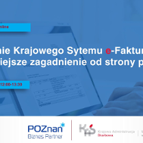 Grafika promocyjna szkolenia pt. Wdrożenie Krajowego Systemu e-Faktur - najważniejsze zagadnienia od strony praktycznej. W tle komputer na biurku i ręce osoby która na nim pracuje