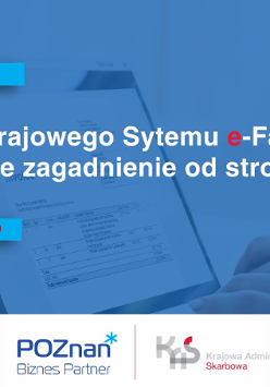 Grafika promocyjna szkolenia pt. Wdrożenie Krajowego Systemu e-Faktur - najważniejsze zagadnienia od strony praktycznej. W tle komputer na biurku i ręce osoby która na nim pracuje