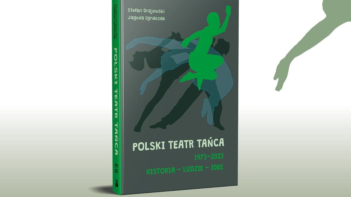 Zdjęcie książki z szarą okładką i zielonymi postaciami w tanecznych pozach.