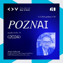 Grafika promująca wydarzenie organizowane przez Collegium Da Vinci, zaplanowane na 11 grudnia 2024 roku o godzinie 17:30. Na niebieskim tle widoczny jest napis POZNAI 2024, zdjęcie mężczyzny oraz informacja o prelegencie, którym jest Tomasz Jankowski - współzałożyciel i Chief Learning Officer w NEU Group Solutions Sp. z o.o.