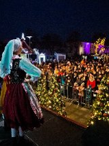 Na zdjęciu artyści w strojach ludowych stoją na scenie przed publicznością.