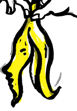 Grafika Grzegorza Myćki. Przedstawia dłoń, która trzyma skórkę od banana.