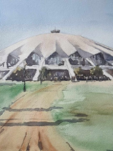 Plakat przedstawia Arenę Poznań namalowaną kolorami. Budynek znajduje się na tle czystego nieba. Na trawie siedzą ludzie.