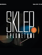 Plakat, na czarnym tle abstrakcyjna grafika, która nawiązuje do planet. Na nich napis Sklep z planetami.