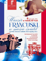 Na biało- czerono-niebieskim plakacie symbole związne z Francją i napisy, które informują o wydarzeniu.