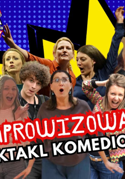 Plakat z grupowym zdjęciem aktorów, którzy robią śmieszne miny. Na plakacie informacje powtórzone w treści artykułu.