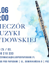 Rysunkowy klarnet, informacje o wieczornym koncercie muzyki żydowskiej.