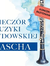 Plakat, który reklamuje Wieczór Muzyki Żydowskiej: Pascha. Rysunek instrumentu dętego, obok napisy, które informują o wydarzeniu oraz napis koncert biletowany.