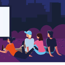 Grafika przedstawia grupkę młodych ludzi, którzy leżą na trawie i oglądają film w plenerze.