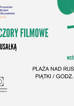 Zielono-biały plakat promocyjny. Po lewej zielony prostokąt ze zdjęciem ludzi oglądających kino plenerowe. Po prawej białe tło z podstawowymi informacjami o miejscu wydarzenia. Szczegóły w artykule. W prawym górnym roku ucięta grafika kamery.