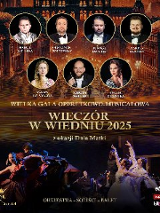 Plakat promujący "Wieczór w Wiedniu 2025" - wielką galę operetkowo-musicalową z okazji Dnia Matki. Widoczne są portrety solistów, m.in. Marcina Ciszewskiego i Dariusza Stachury, oraz scena baletowa na tle wiedeńskiej architektury. Wydarzenie organizowane przez MOK Zabrze, bilety dostępne online