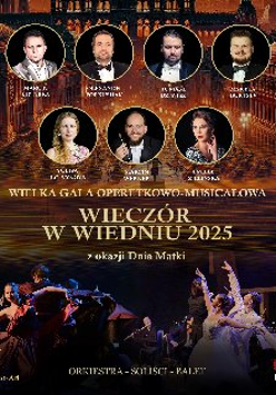 Plakat promujący "Wieczór w Wiedniu 2025" - wielką galę operetkowo-musicalową z okazji Dnia Matki. Widoczne są portrety solistów, m.in. Marcina Ciszewskiego i Dariusza Stachury, oraz scena baletowa na tle wiedeńskiej architektury. Wydarzenie organizowane przez MOK Zabrze, bilety dostępne online