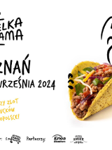 Na białym tle leży taco, które jest wpisane w grafikę przedstawiającą osobę biorącą gryza.